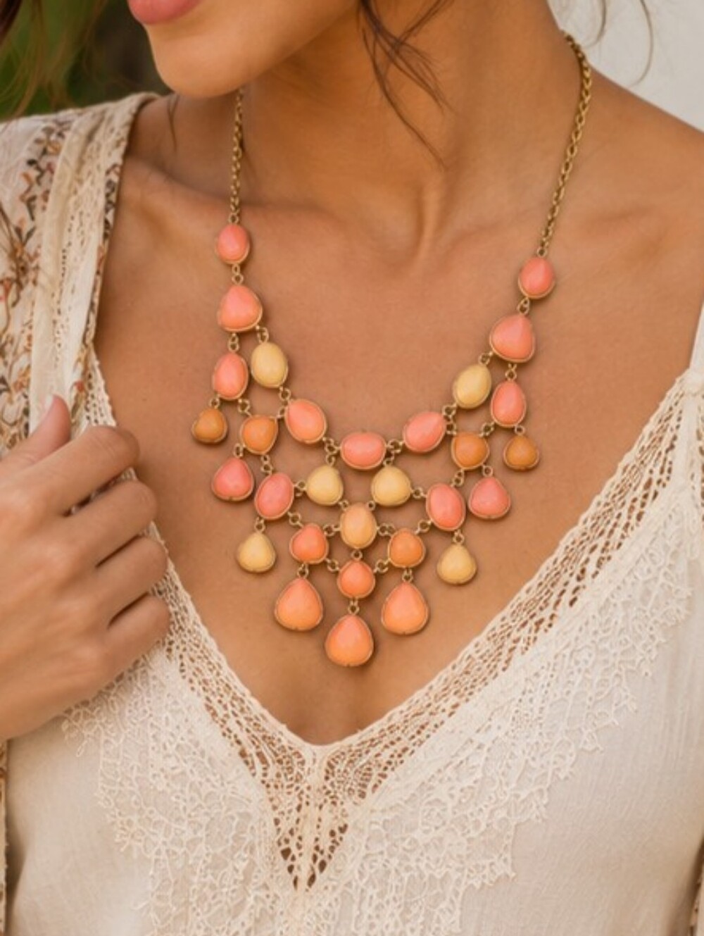 Vintage Monet Gold-Tone Coral & Peach Bib Statement Necklace NWT